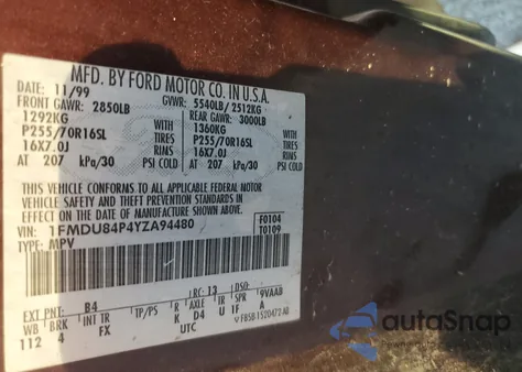 2000 Ford Explorer Eddie Bauer from USA, damaged, VIN 1FMDU84P4YZA94480